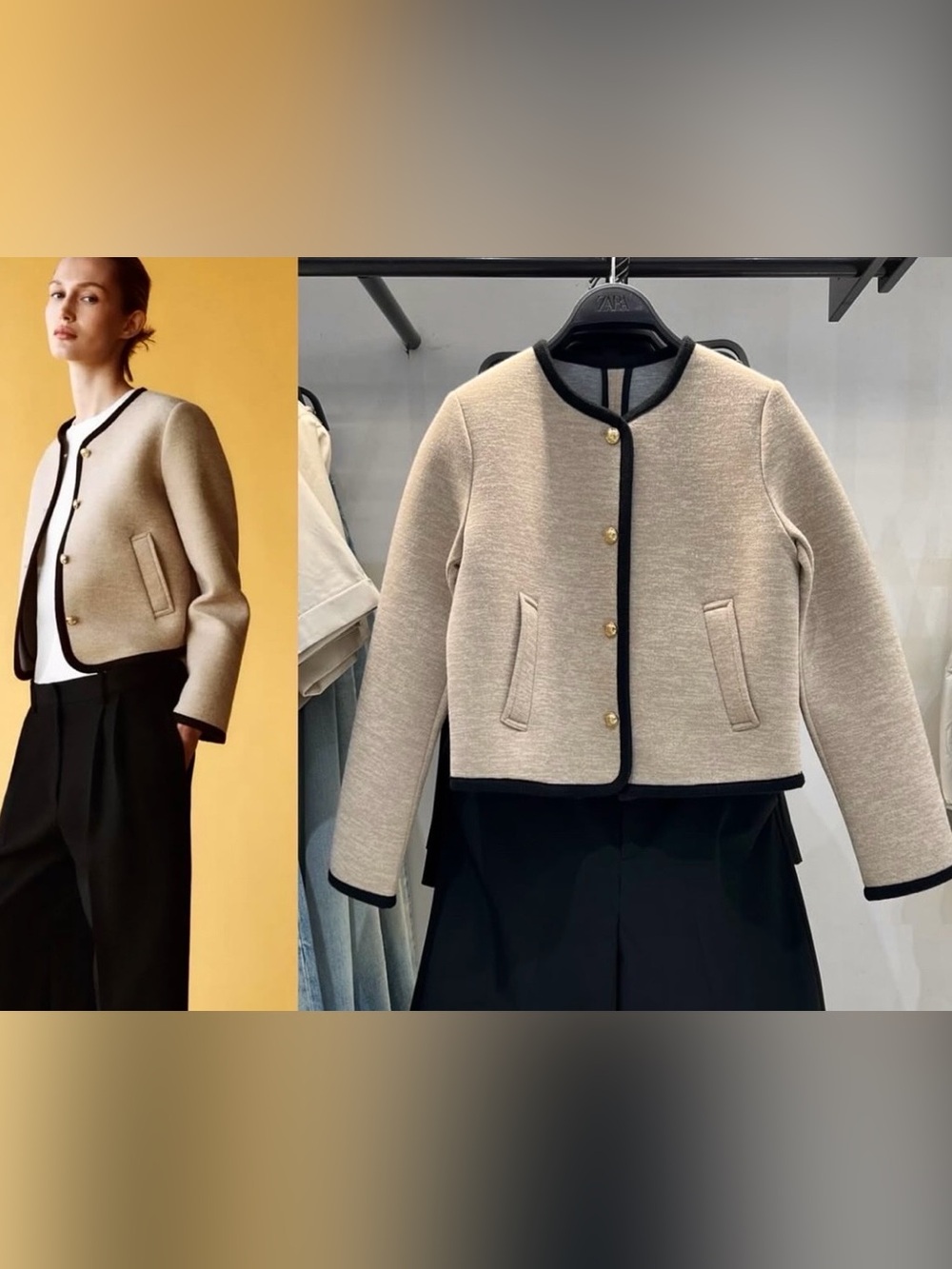 Zara beige & black Contrast-Trim Jacket with Gold Buttons